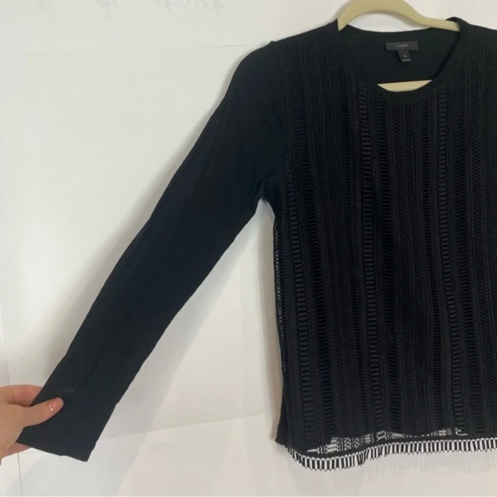 J. Crew Black Lace crochet Overlay Long Sleeve Crewneck Top Shirt medium